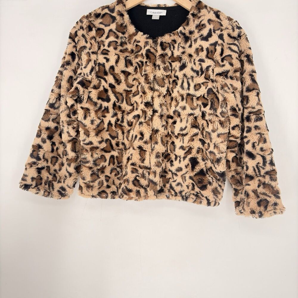 Calvin Klein Leopard Faux‎ Fur Jacket Brown Black Animal Print Women’s Size M